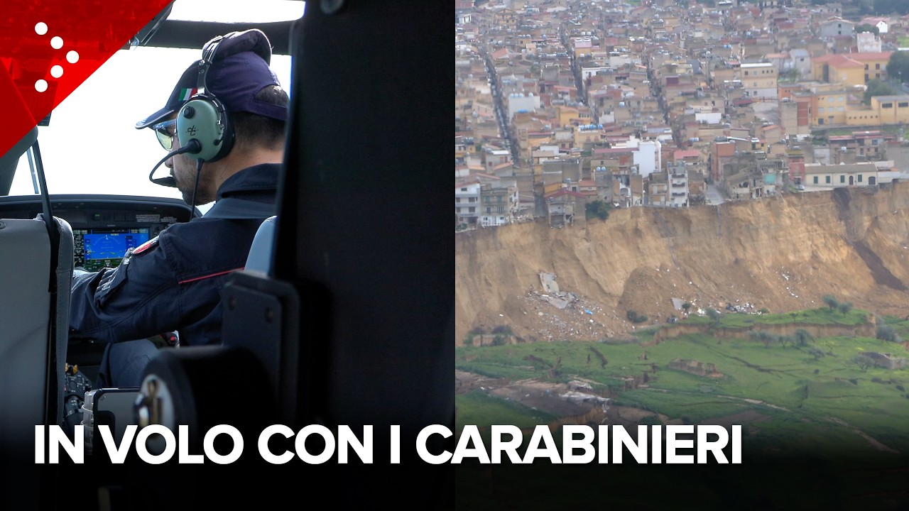 Niscemi, in volo con l'elicottero dei Carabinieri sulla frana dopo il crollo della croce