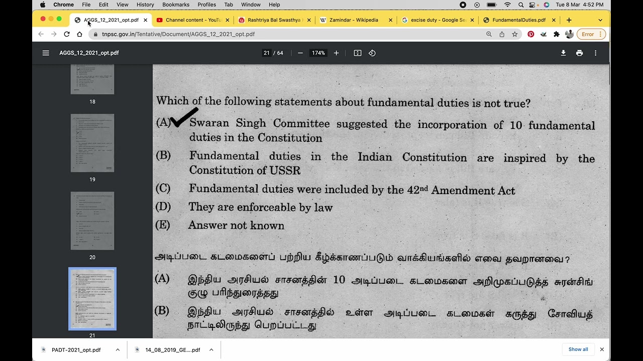 Swaran Singh Committee - 8 Fundamental Duties in Article 51A