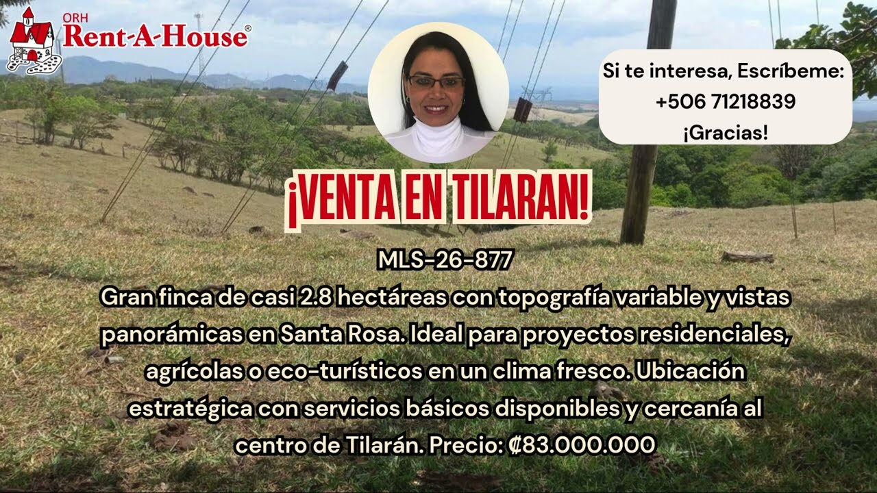 Venta Tilarán: Finca de 27,958 m² para Desarrollo Residencial, Agrícola o Turístico