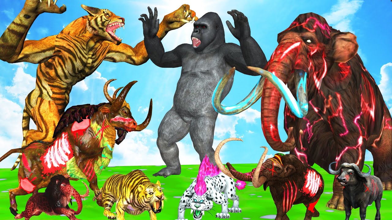 20 Mammoth Elephant Cow Gorilla vs 10 Giant Tiger Wolf Fight Baby Cow Saved By Woolly Mammoth