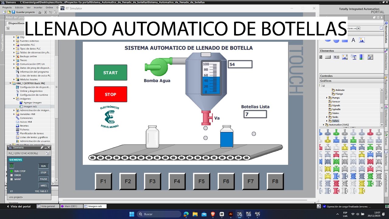TIA PORTAL Llenado automático de botellas Simulación en HMI con PLC S7 1200/1500 || LADDER/HMI/PLC