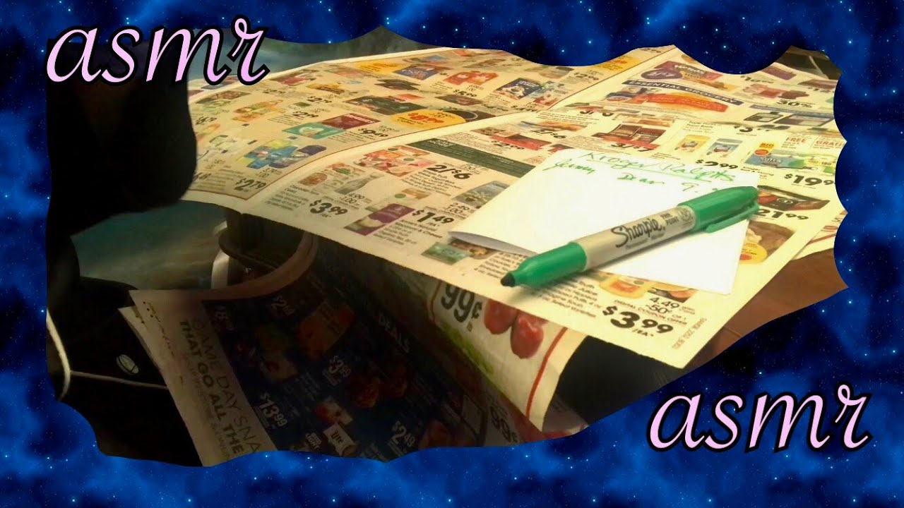 1 Hr Quietly sorting thru Grocery Ads, Making Grocery List, grape bubblegum, coffee ASMR