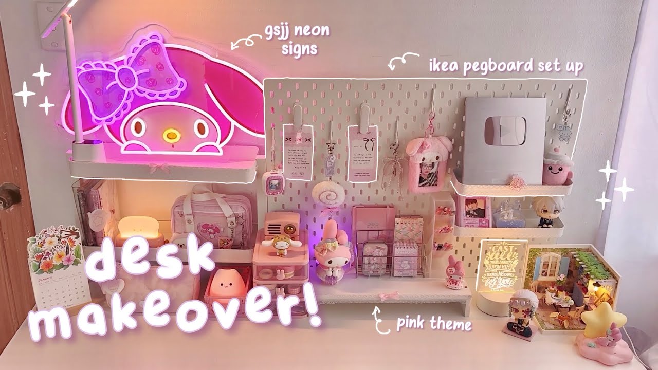 aesthetic desk makeover 2026 🎀 ikea set up, pegboard, soft new year reset 🌸 ft. gsjj neon signs 🩷