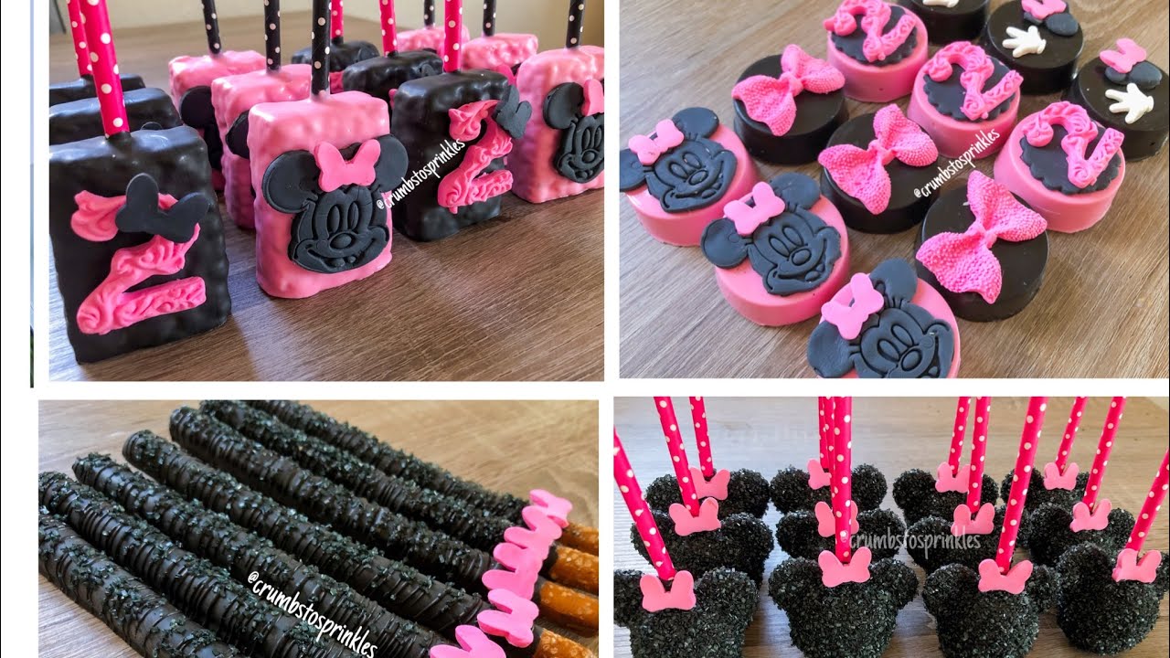 🎀🖤 Postres de Mesa tematica de minnie mouse (cakepops, rice krispies, oreos, pretzels)