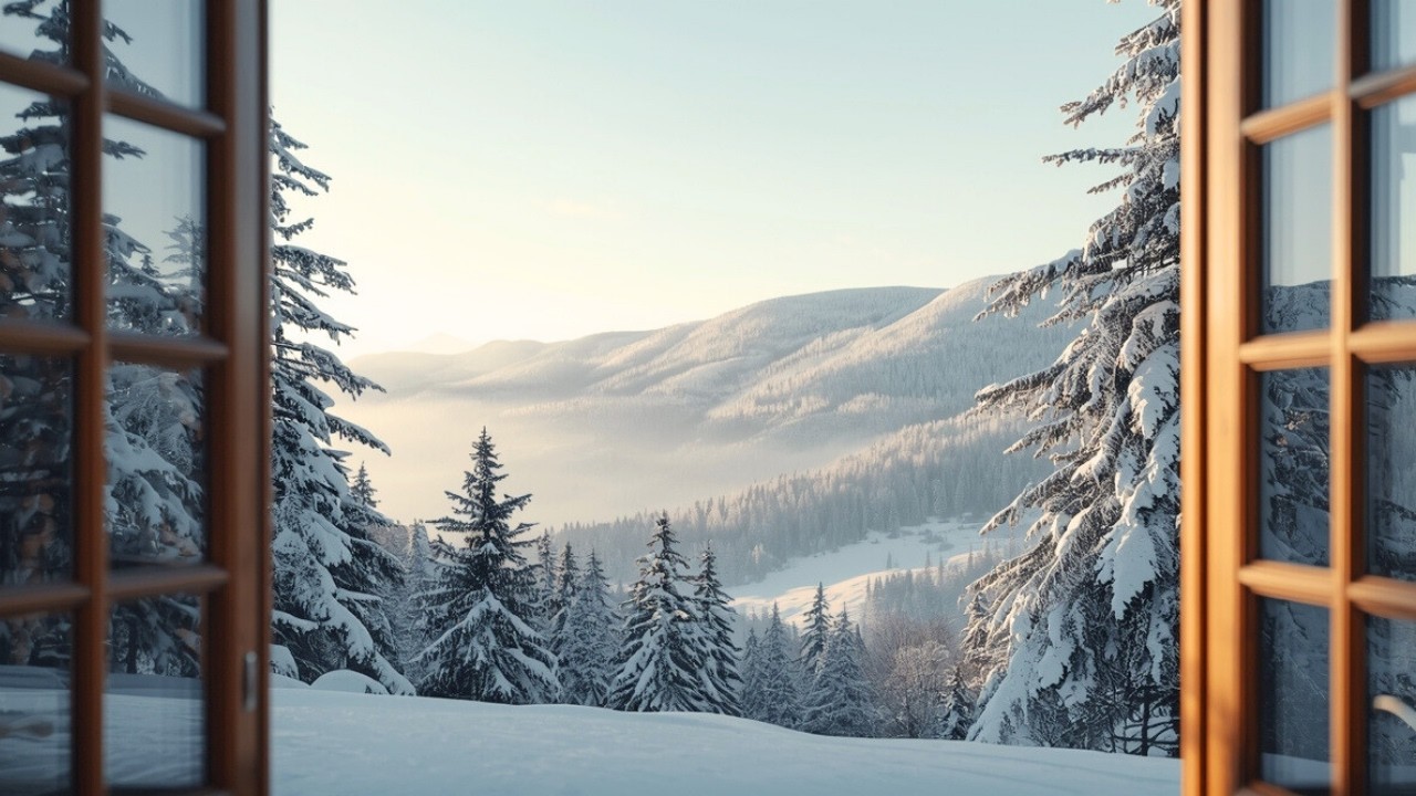 Snowy Mountain Window View 4K ❄️ Peaceful Winter Silence & Cozy Ambience