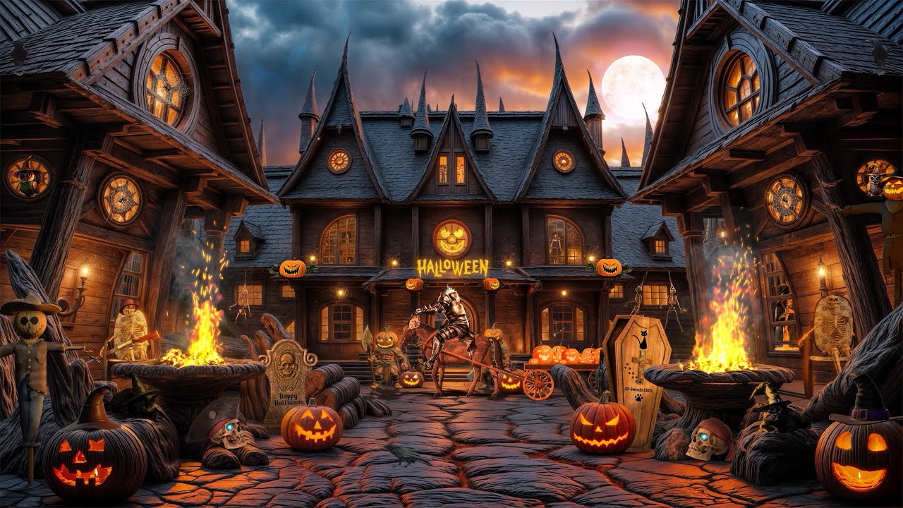 Cozy Haunted Village Haloween Ambience 🎃 Relaxing Crackling Fire & Night Nature Sounds, White Noise🍂
