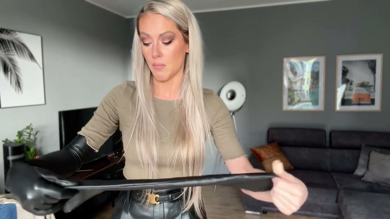 Miss Foxy Putting On Long Black Leather Opera Gloves