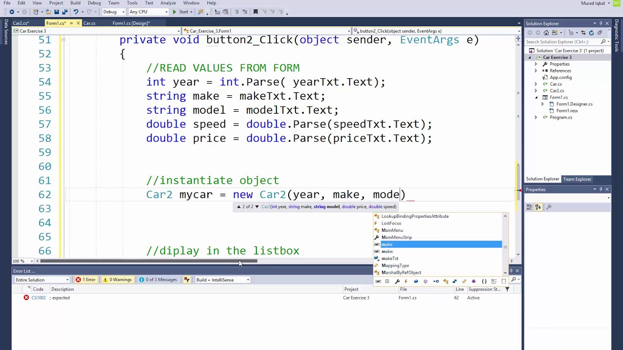 Creating Classes and Objects in C# using Visual Studio