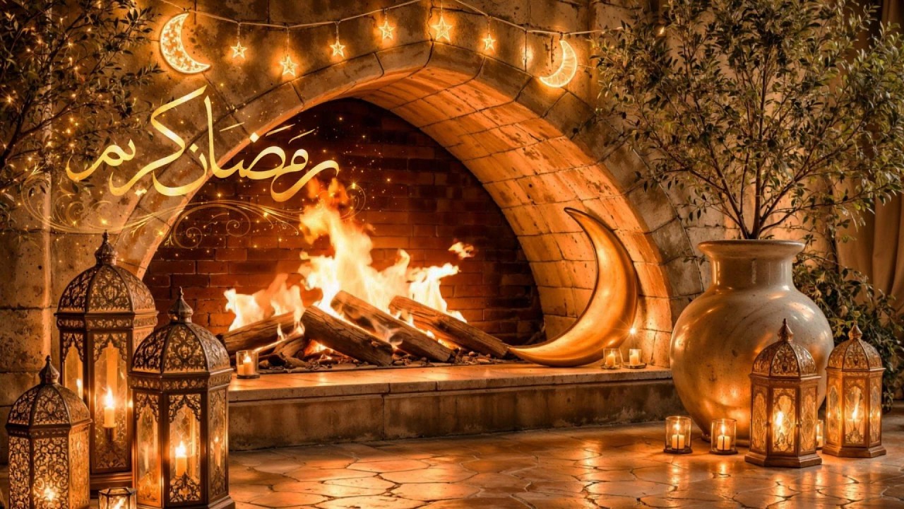 Ramadan Kareem Fireplace Ambience 🌙 Tv art 2026 أجواء رمضانية مع فوانيس ومدفأة بأجواء روحانية دافئة