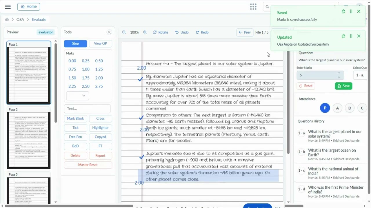 On-Screen Assessment (OSA) Digital Evaluation of Answer Books