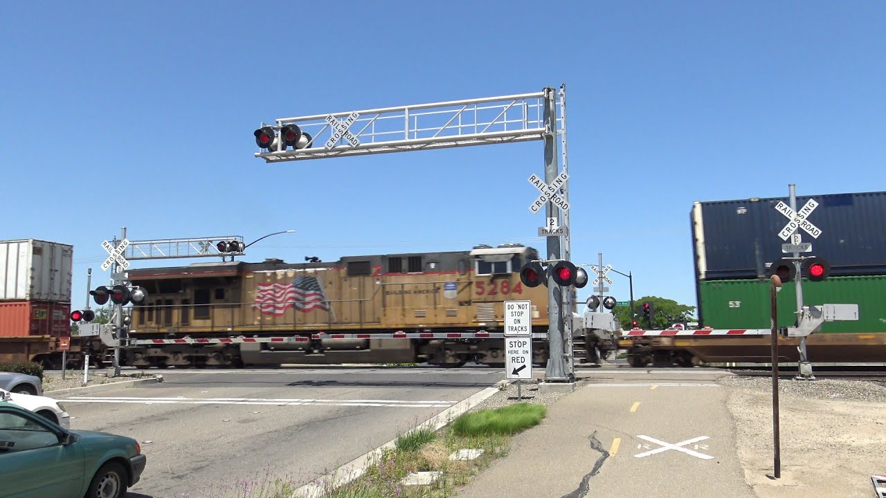 UP 7357 Intermodal With Mid DPU South, Industrial Park Dr. Railroad Crossing, Manteca CA