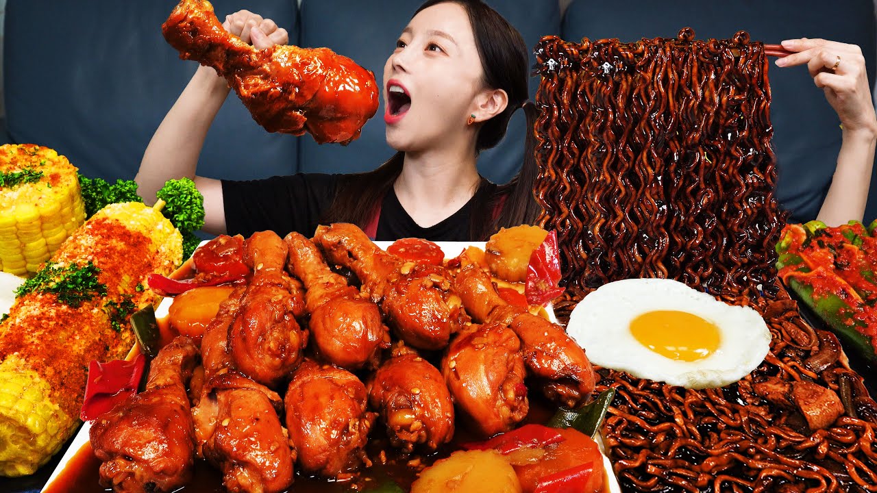 [Mukbang ASMR] Braised Chicken DrumStick Stew 🍗 Jjajang Ramen Kimchi Corn Cheese Recipe Ssoyoung