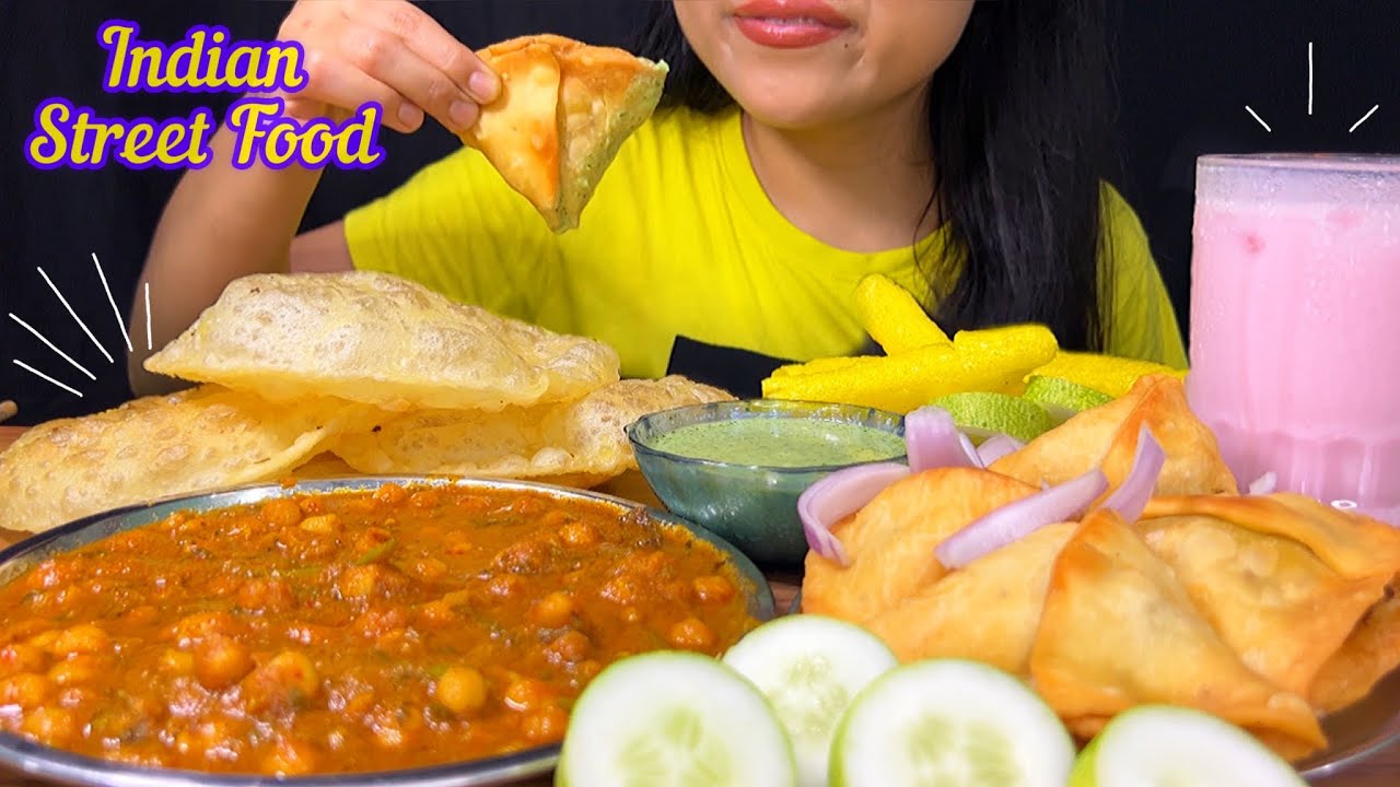 Eating Chole Bhature , Samosa & Lassi | Indian Street Food | ASMR | MUKBANG | Big Bites |