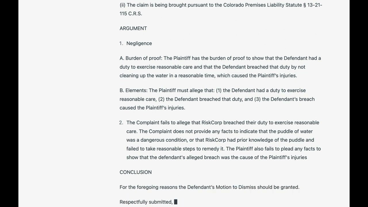 GPT-4 and Law: ChatGPT Generates a Federal Motion to Dismiss using GPT-4
