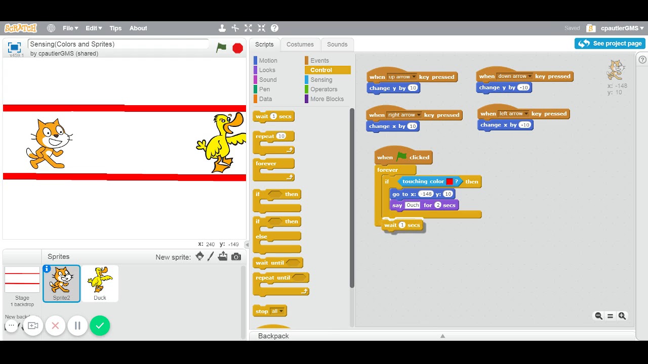 Scratch Tutorial: Sensing/Touching a color or sprite