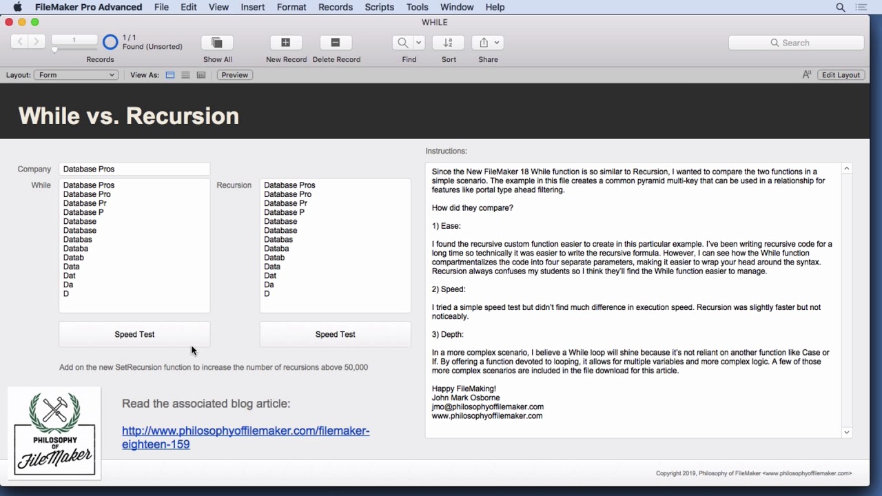 FileMaker 18 While Function