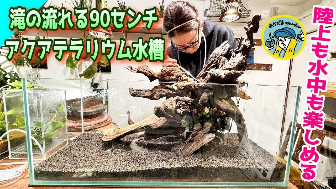 【アクアリウム】滝の流れる90センチアクアテラリウム水槽の作成方法（陸上で植物を楽しみ水中で水草も楽しみメダカを飼おう！）