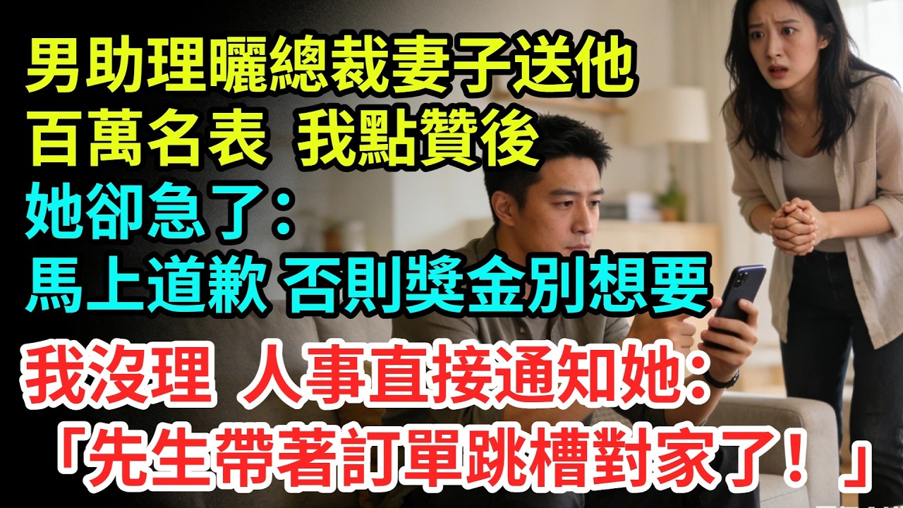 男助理朋友圈曬我的總裁妻子送他百萬名表，我點贊後，她卻急了：「馬上道歉，否則新單子的獎金別想要了！」，我沒理，人事直接通知她：「先生帶著訂單跳槽對家了！」【夜半心聲】#男頻小說#都市#故事#小說#爽文