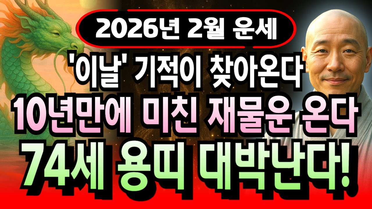 1952년생 용띠 임진년생 74세 2026년 2월 운세 긴급 체크! 재물 쓸어담는 기운 폭발했고 당첨운 최강 되며 로또급 행운 겹치는 한 달이에요.