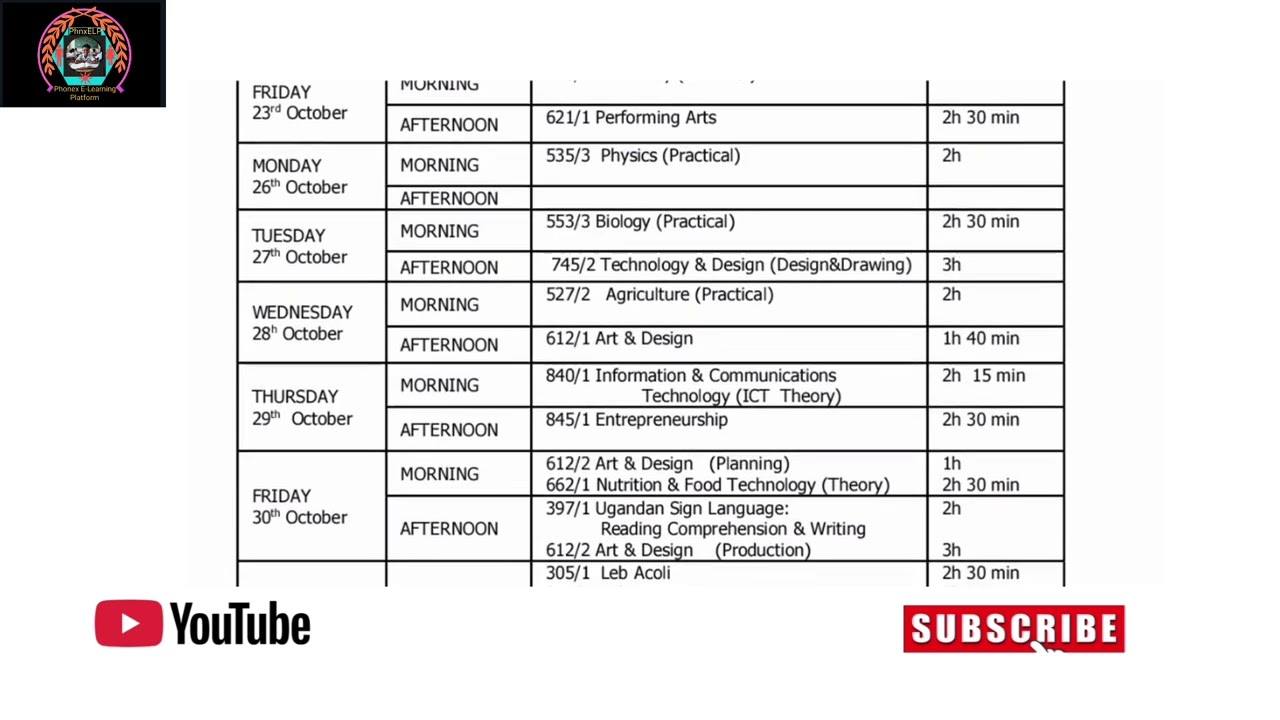 UCE UNEB Timetable 2026.