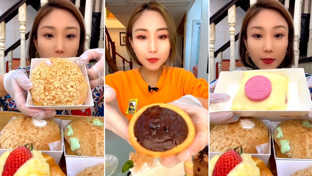 [ENG SUB] Egg yolk cake,Macarons,Chocolate Pop Tart,Strawberry mousse, Peach Puff 디저트 먹방 デザートモクバン 