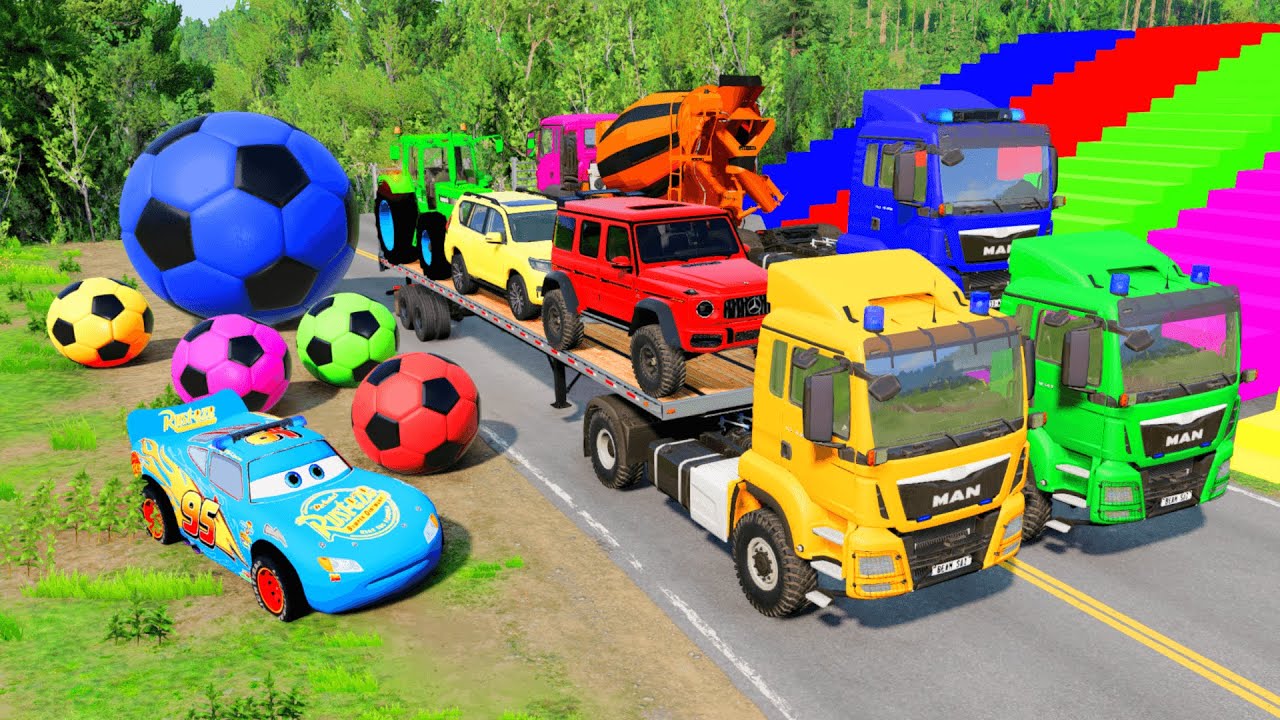 Flatbed Truck Mcqueen | Transportation with Truck - Speedbumps vs Cars vs Train #30 - BeamNG.drive