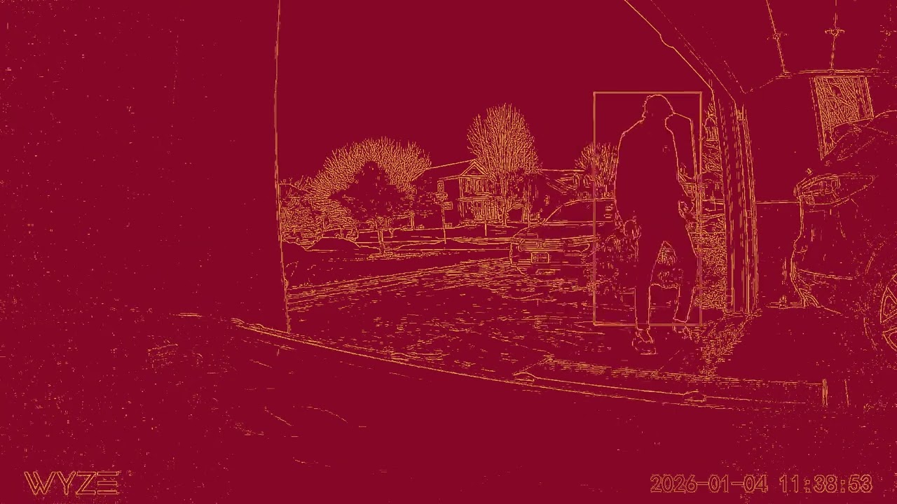 My Home Camera's - Jan 4th, 2026 in Line Drawing - Red Background / Yellow Lines