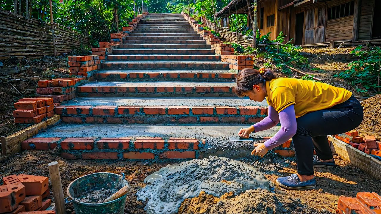 Building Brick and Cement Stairs to Prevent Slipping During Heavy Rain