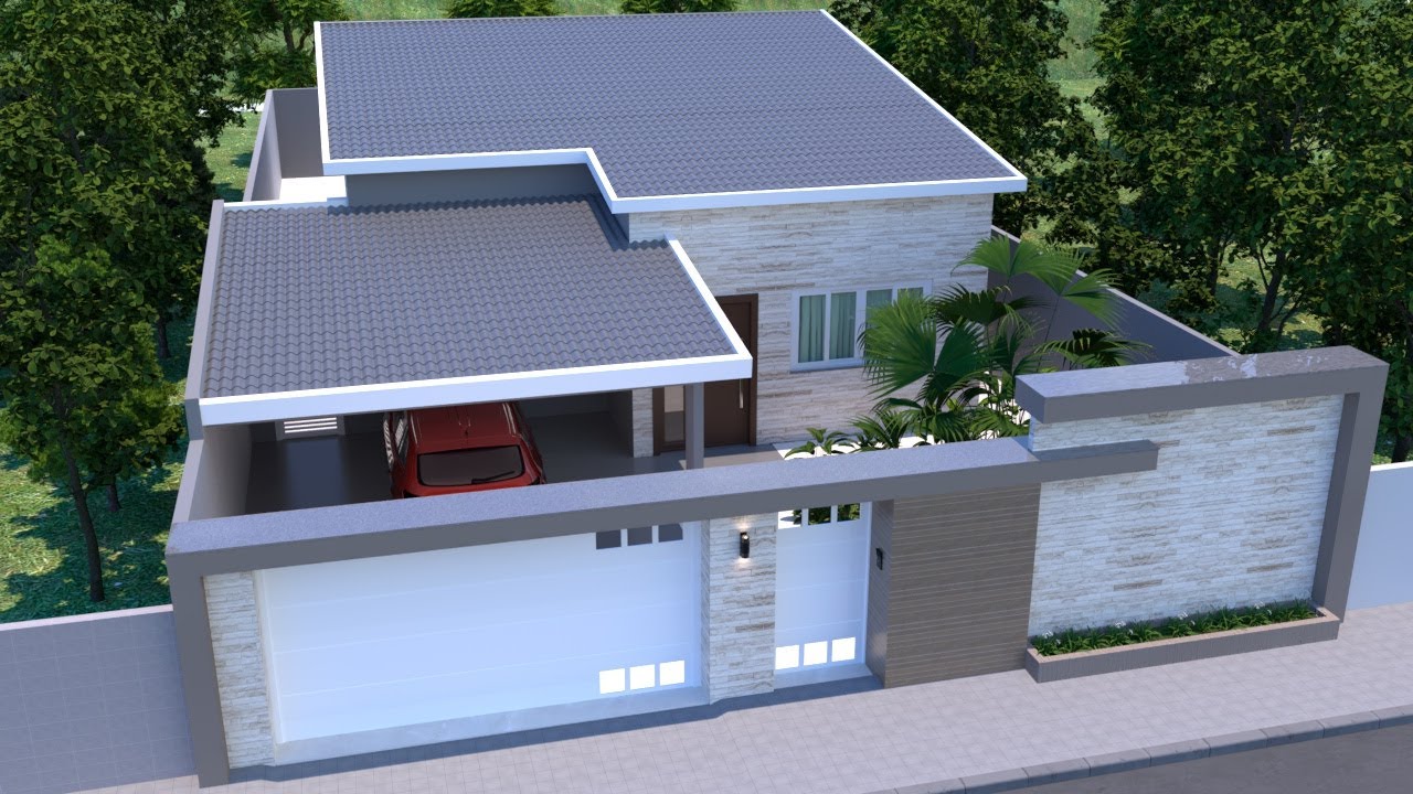 Planta 3D com três Quartos e Cozinha Americana
