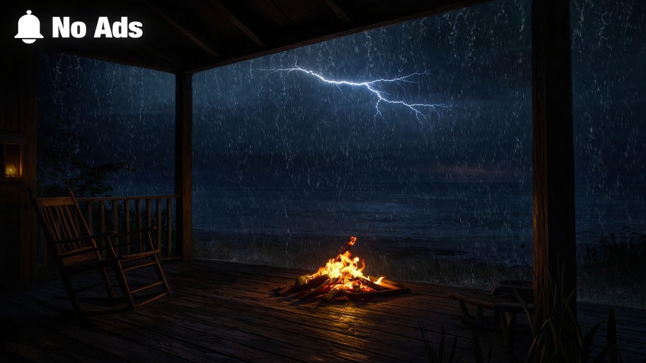 NO ADS ⛈️ Fall Asleep Instantly | Seaside Porch Thunderstorm, Rain & Fireplace for Sleep,Focus,Relax