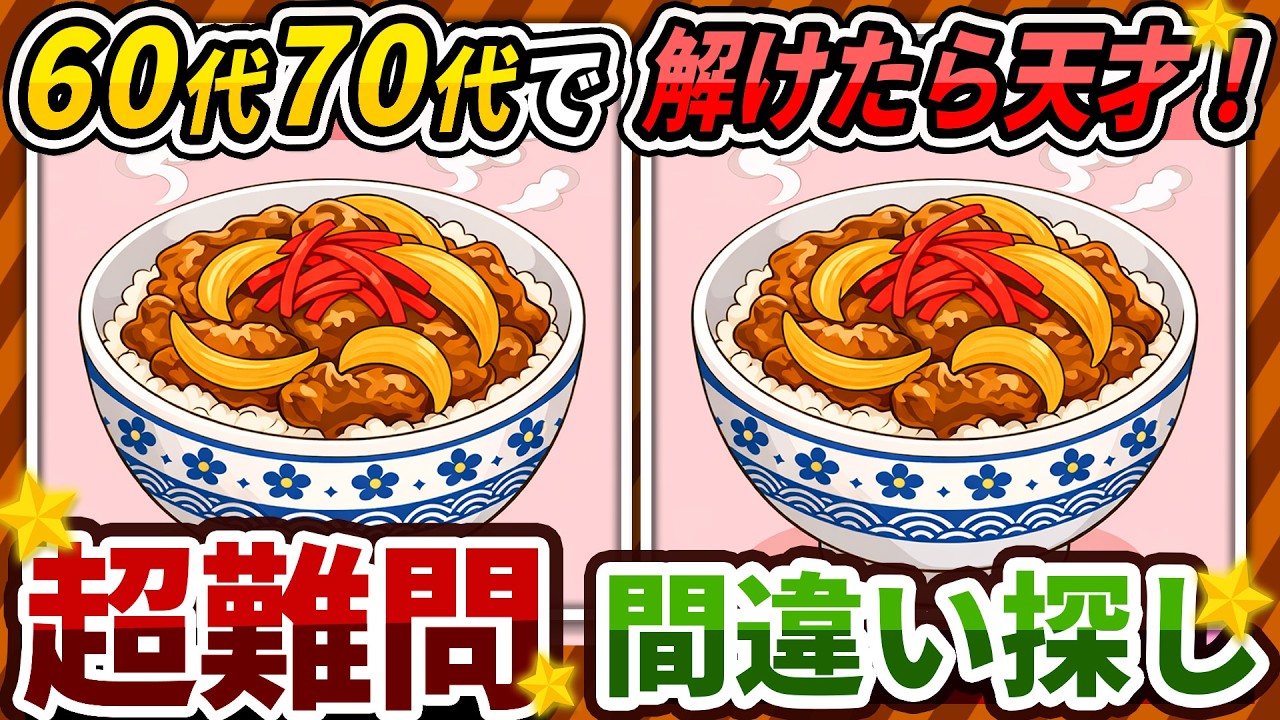 【間違い探しクイズ】⚠️むずかしい牛丼のイラスト編！脳活＆脳トレにおススメ無料ゲーム【アハ体験有り】#492