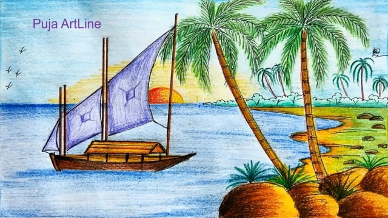 Boat scenery drawing/Beautiful Village boat Scenery/island sunset scenery/Paradise Beach painting
