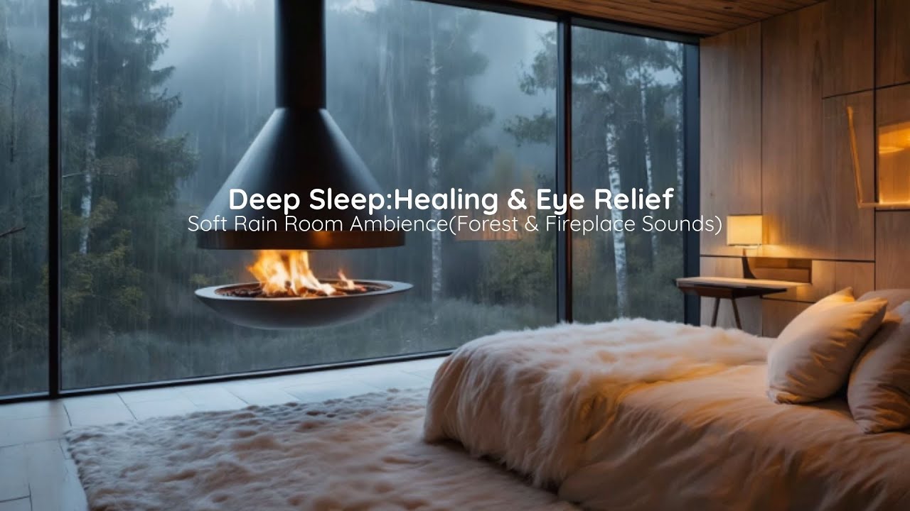 Deep Sleep:Healing & Eye Relief |Soft Rain Room Ambience(Forest & Fireplace Sounds)