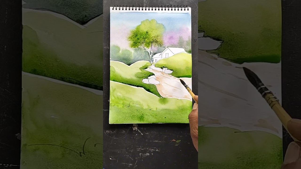 How to draw landscape scenery painting. Easy water colour scenery painting . Tutorial water colour.
