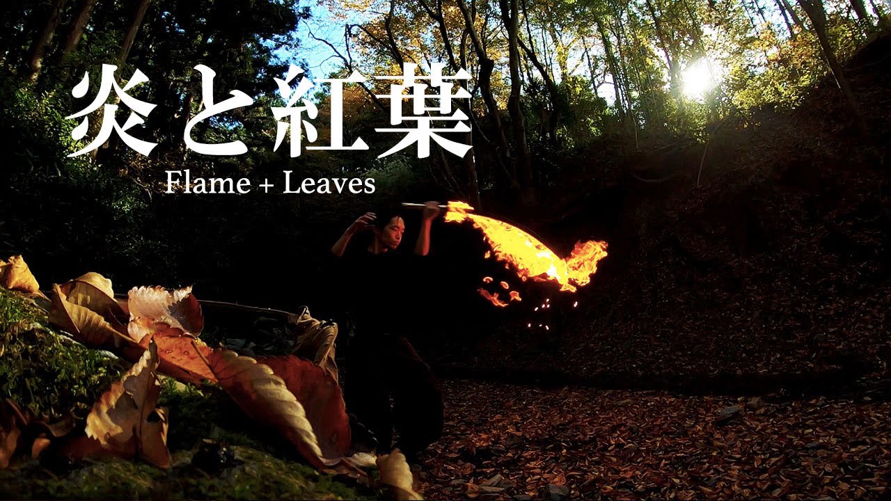 【炎刀】炎と紅葉 Flame + leaves 【ASMR】川、炎、落ち葉の音