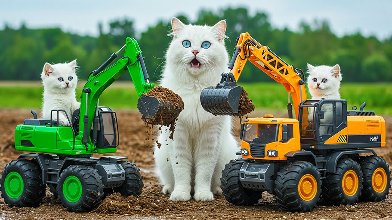 Mama Cat & Kittens Drive Excavator and Crane to Repair Railway Track After Landslide 🚜🏗️❤️🐱🐾