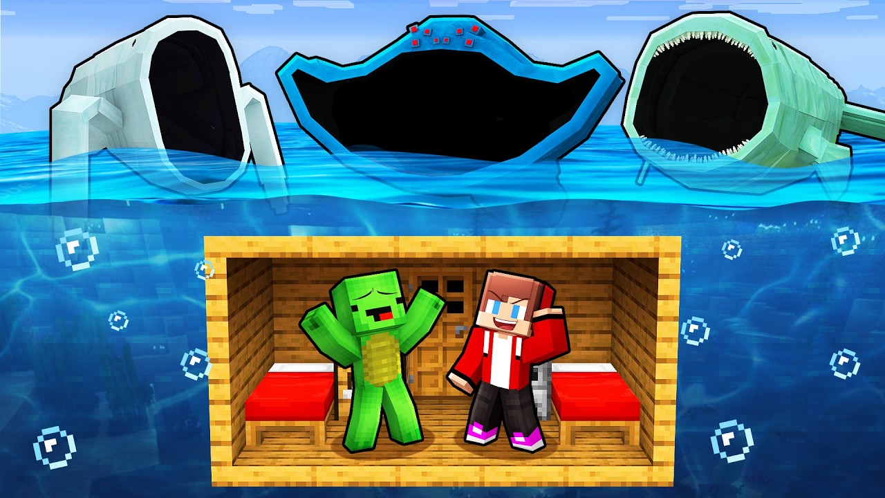 Mikey and JJ Escape from Water Mobs in Minecraft (Maizen)
