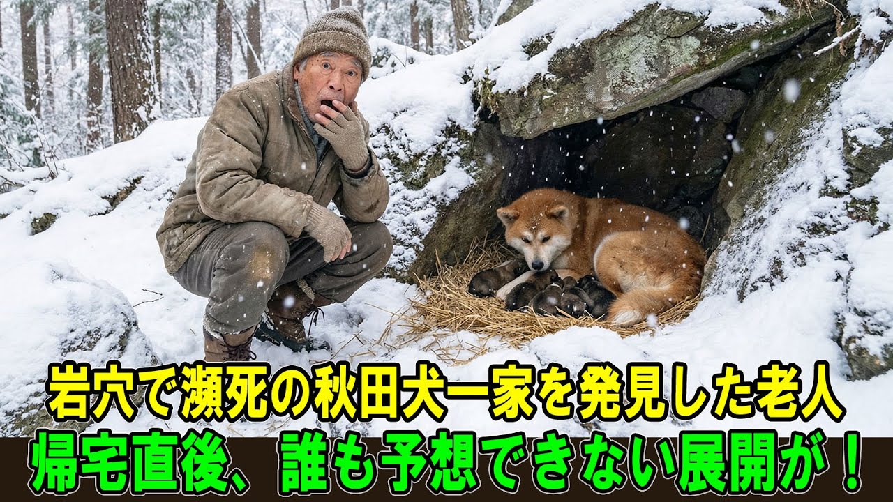 【奇跡の実話】吹雪の夜、老人は岩穴の中で瀕死状態の秋田犬の母犬と生まれたばかりの10匹の子犬を発見した…家に連れ帰った直後、信じられない出来事が起きた！