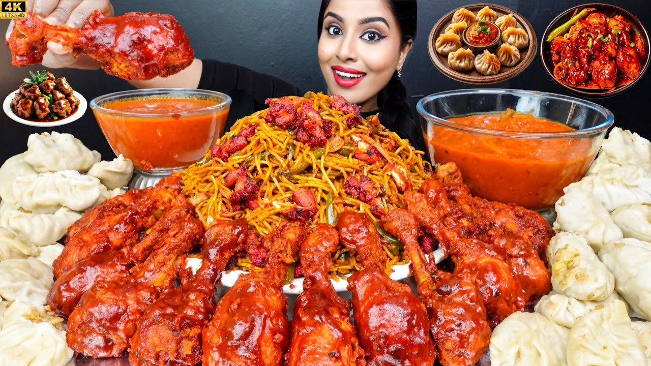 ASMR Eating Spicy Chicken Momos,Fried Noodles,Chicken Leg Piece Fry,Egg Masala ASMR Eating Mukbang