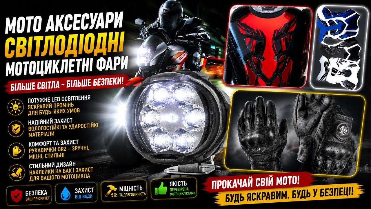 Мото аксесуари #2 Світлодіодні мотоциклетні фари наклейка на бак та рукавички ORZ для мотоциклів