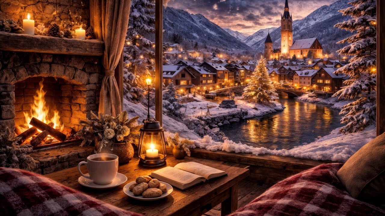 Cozy Fireplace & Winter Wind Sounds ❄️ Snowy Village Night Ambience for Deep Sleep, Relax & Study