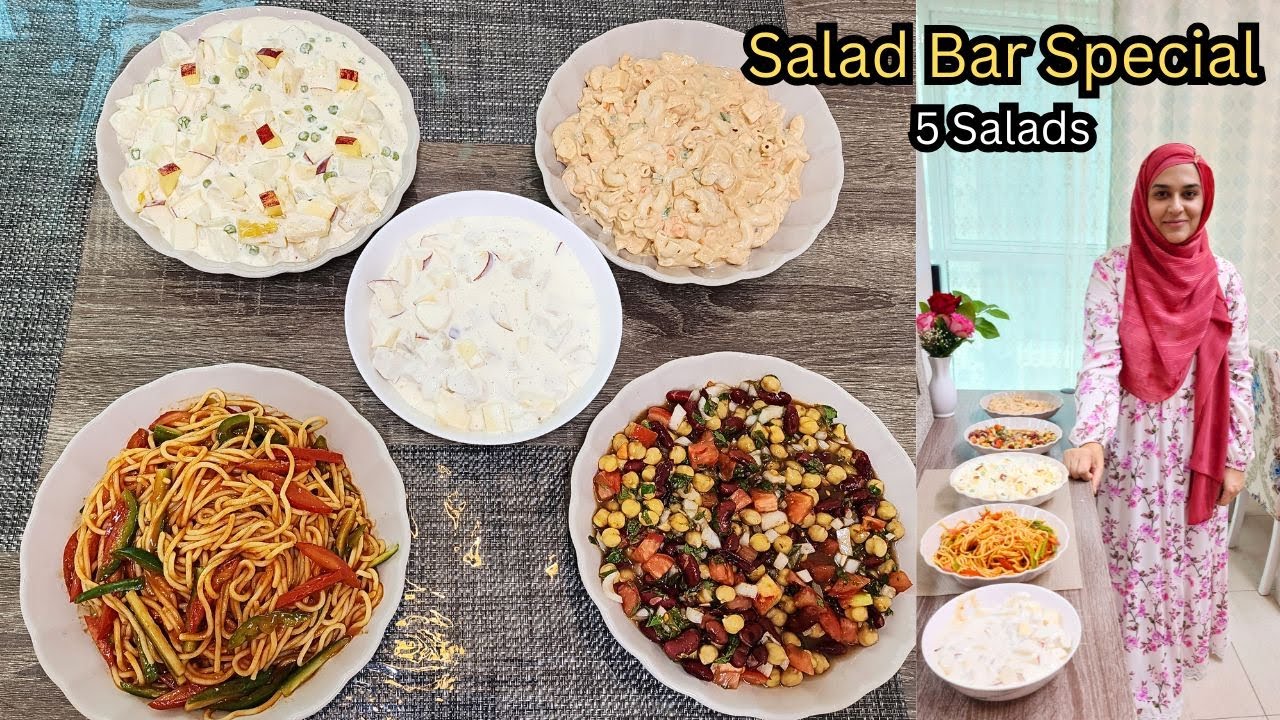 5 Salad Bar Recipes - Russian salad, macaroni salad, noodle salad, Chickpea salad, chicken salad