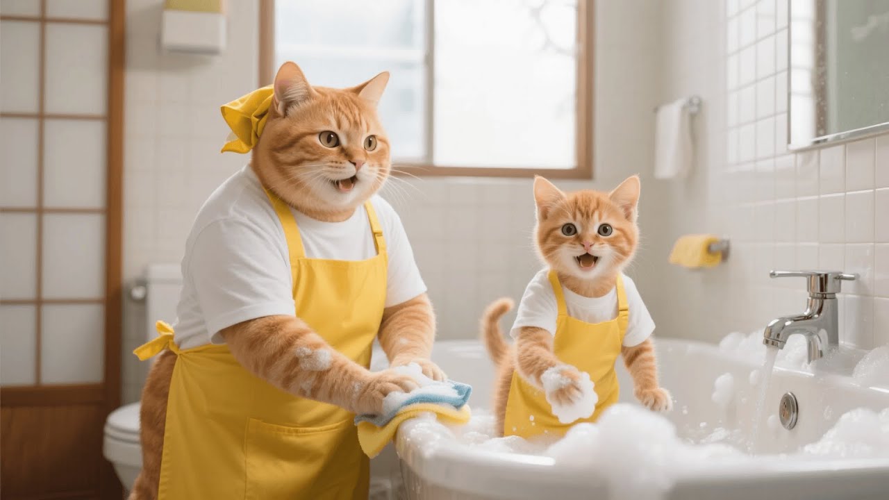 Ginger Kitten and Mama Cat Became Cleaners — Helping a Lonely Grandma Tidy Her Home 🐱🧹