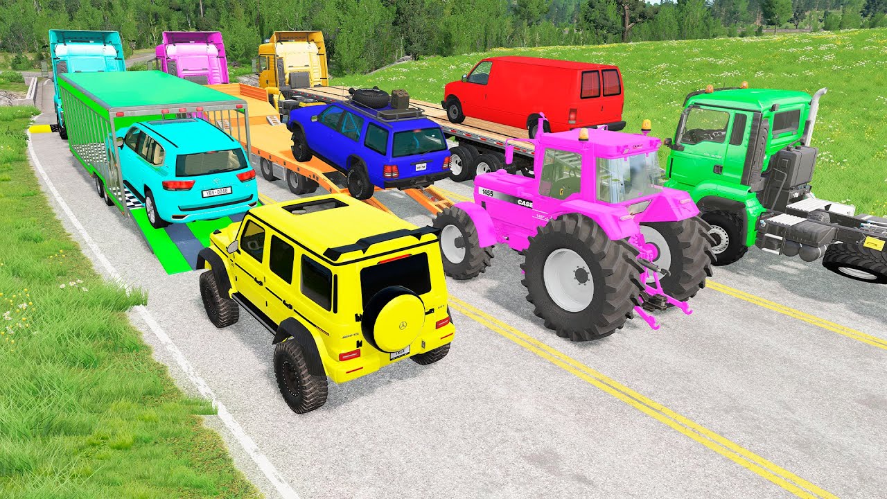 Triple Flatbed Trailer McQueen Transportation with Truck - Speedbumps vs Cars vs Train - BeamNG #15