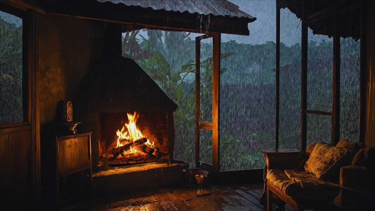Heavy Rain in a Cozy Cabin Fireplace 🔥 Lofi Rain Sounds for Deep Sleep