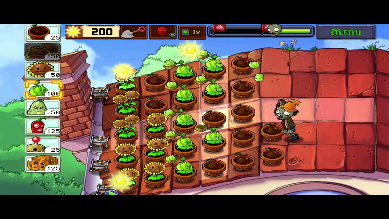 Jogando PVZ no projeto de hoje nível 2 do telhado 