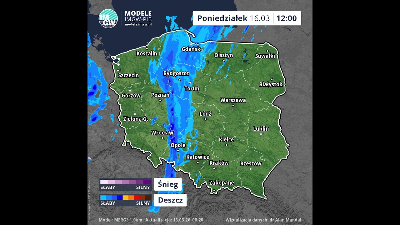 Prognoza opadu na 8 godzin (Model MERGE)16.03.2026 #ostrzeżenia  #imgw  #ostrzeżenia  #news