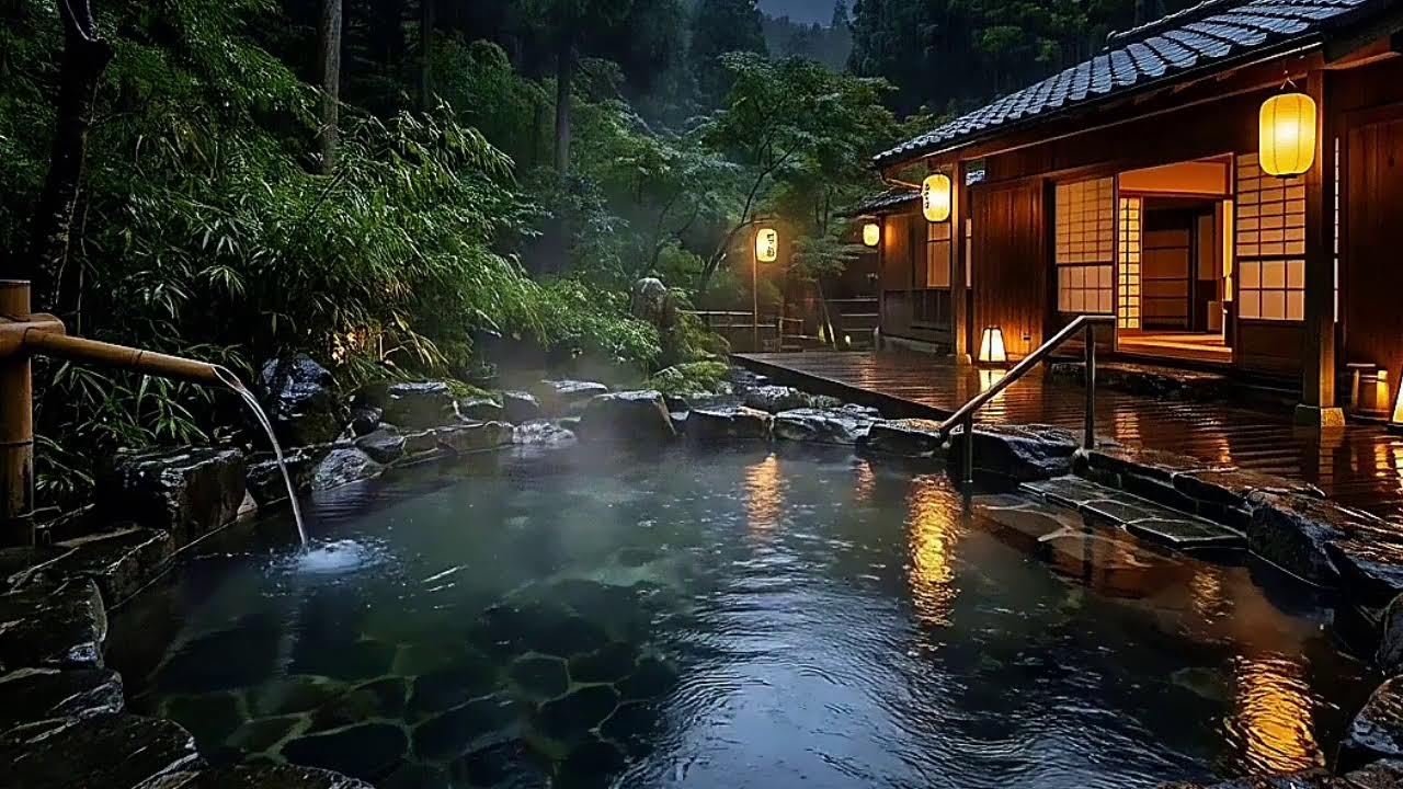 Rainy Japanese Onsen Night 🌧️ Relaxing Rain Sounds & Hot Spring Ambience for Deep Sleep and Stress