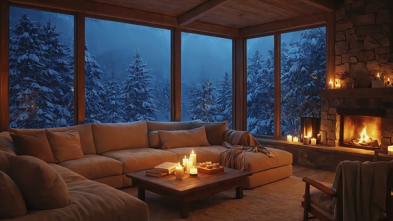 Snowy Winter Cabin Ambience ❄️ Fireplace, Cozy Window & Relaxing Crackling Fire (4K)