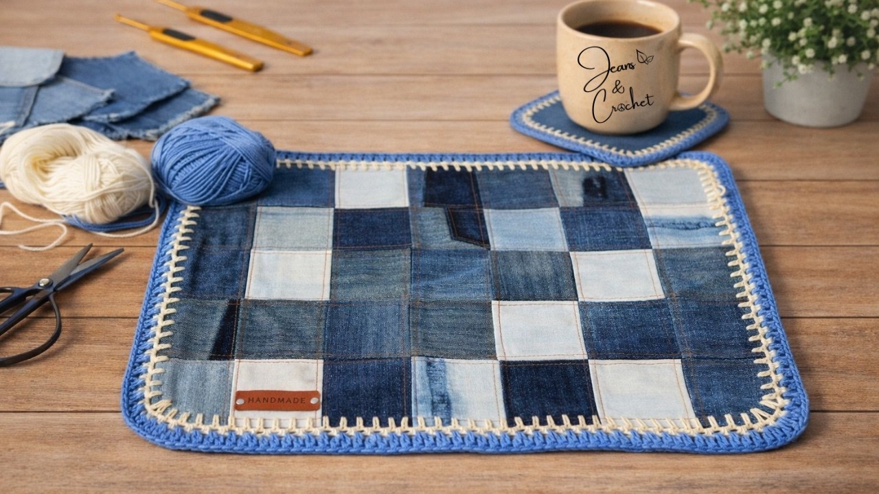 MANTEL INDIVIDUAL con Jeans Reciclados y Crochet ♻️ DIY Fácil con Retales Vaqueros